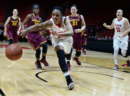 Scott Sommerdorf   |  The Salt Lake Tribune
Utah Utes forward Tanaeya Boclair (32) loses control of this pass as Utah came back to trail by just two late in the game. Arizona State stretched their late lead and beat Utah 58-48, Sunday, February 1, 2015.