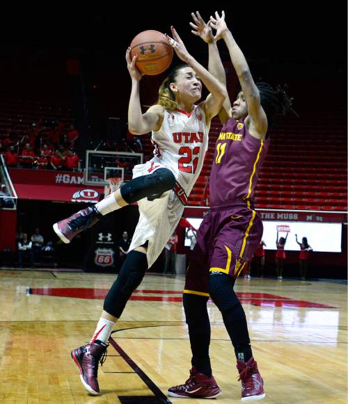 Scott Sommerdorf   |  The Salt Lake Tribune
Utah Utes guard Danielle Rodriguez (22) drove to the basket during a late Utah second half run. Arizona State beat Utah 58-48, Sunday, February 1, 2015.