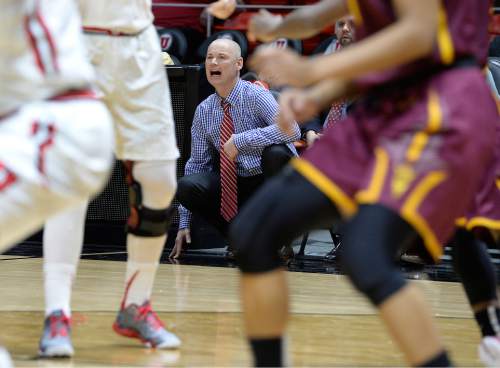 Scott Sommerdorf   |  The Salt Lake Tribune
Utah head coach Anthony Levrets yells to his team as they attack ASU during second half play. Arizona State beat Utah 58-48, Sunday, February 1, 2015.