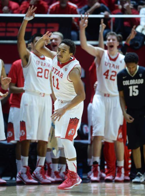 Steve Griffin  |  The Salt Lake Tribune


Utah Utes guard Brandon Taylor (11) signals three with his hand as the Utah bench joins in after making a three-pointer as the Utes build a 30-point lead during second half action in the Utah versus Colorado men's basketball game at the Huntsman Center in Salt Lake City, Wednesday, January 7, 2015.