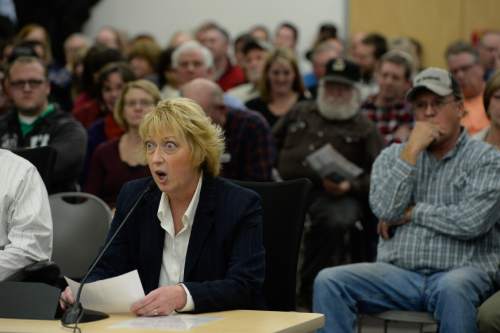 Francisco Kjolseth  |  The Salt Lake Tribune 
Eileen Bagley expresses her opposition to the wood burning ban as the State holds a packed public hearing on Gov. Gary Herbert's proposed wintertime wood burn ban in Salt Lake City. The hearing held at the Salt Lake City Department of Environmental Quality is one of 7 scheduled across northern Utah.