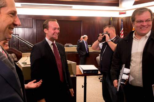Trent Nelson  |  The Salt Lake Tribune
Salt Lake County Mayor Ben McAdams is all smiles after delivering his State of the County speech in the County Council chambers in Salt Lake City, Tuesday February 3, 2015.