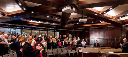 Trent Nelson  |  The Salt Lake Tribune
Salt Lake County Mayor Ben McAdams gets a standing ovation after delivering his State of the County speech in the County Council chambers in Salt Lake City, Tuesday February 3, 2015.