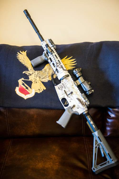 Chris Detrick  |  The Salt Lake Tribune
The 5th commemorative Legislative gun, an AR-15 5.56, photographed in Rep. Curtis Oda's (R-Clearfield) office at the Utah State Capitol Tuesday February 3, 2015.