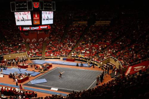 An NCAA -record crowd of 15,552 watched Utah defeat five-time NCAA champ Georgia Friday night at the Huntsman Center.
Chris Detrick  |  The Salt Lake Tribune