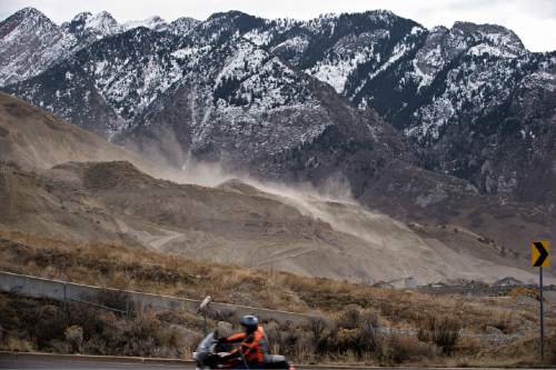 Lennie Mahler  |  The Salt Lake Tribune
Strong winds kick up dust at the Granite Construction gravel pit near the mouth of Big Cottonwood Canyon on Friday, Feb. 6, 2015.