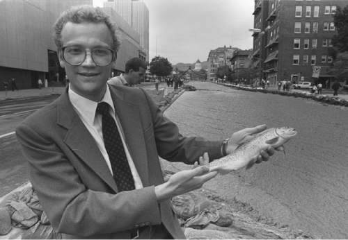 Al Hartmann  |  The Salt Lake Tribune

An unidentified Salt Lake businessman caught this Rainbow Trout with his hands in the temporary State Street "river" at about 100 South in late May 1983