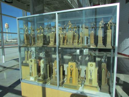 Tom Wharton  |  The Salt Lake Tribune 

These are some of the 32 state wrestling championship trophies Delta has won since 1955.