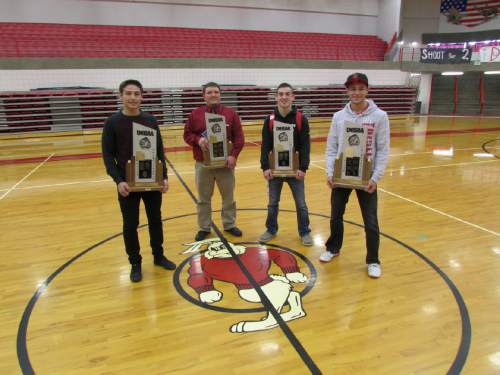 Tom Wharton  |  The Salt Lake Tribune 

Trace Willoughby, Coach Jason Thomas, Bracken Lovell and Victor Almanza are big reasons why Delta will be the favorite to repeat as 2A wrestling champions this year.