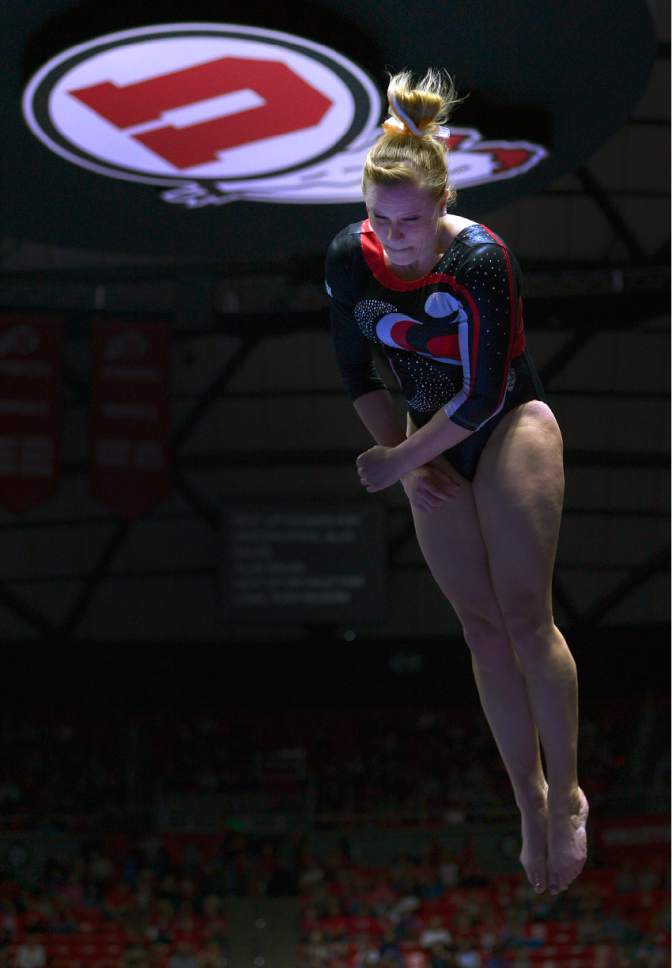 Leah Hogsten  |  The Salt Lake Tribune
Tory Wilson completed a perfect vault. University of Utah women's gymnastics team defeated Arizona State, Friday, February 6, 2015.