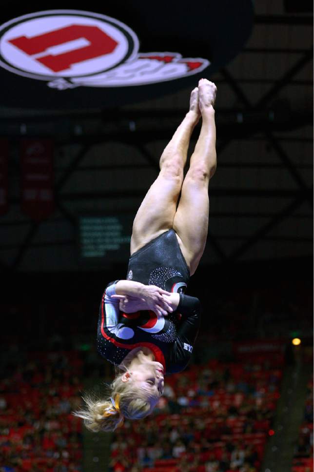 Leah Hogsten  |  The Salt Lake Tribune
Georgia Dabritz completed a perfect vault.  University of Utah women's gymnastics team defeated Arizona State, Friday, February 6, 2015.