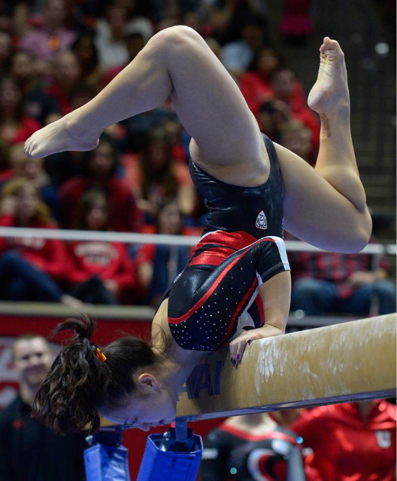 Leah Hogsten  |  The Salt Lake Tribune
Corrie Lothrop had a score of 9.825 on the beam. University of Utah women's gymnastics team defeated Arizona State, Friday, February 6, 2015.