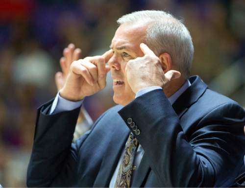 Rick Egan  |  The Salt Lake Tribune

Brigham Young Cougars head coach Dave Rose tries to keep his team focused on the game, in basketball action BYU vs Weber State, at the Dee Events Center in Ogden, Saturday, December 13, 2014