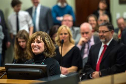 Chris Detrick  |  The Salt Lake Tribune
Lisa Himonas speaks to the Senate Judicial Confirmation Committee about her husband Deno at the Utah State Capitol Tuesday February 10, 2015.  The Senate Judicial Confirmation Committee voted Tuesday that 3rd District Judge Constandinos "Deno" Himonas be confirmed for a spot on the Utah Supreme Court. The vote was 7-0 to approve Himonas, who was nominated by Gov. Gary Herbert to fill the vacancy created by the Feb. 1 retirement of Justice Ronald Nehring. The entire Utah Senate will vote Friday. If approved, Himonas, who is Greek Orthodox, would be the only non-Mormon on the Supreme Court.
