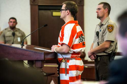 Chris Detrick  |  The Salt Lake Tribune
Logan Welles McFarland listens to Judge Marvin Bagley during his initial hearing in 6th District Court in Manti Wednesday Feb. 11, 2015. McFarland, 27, of Fairview, was charged last May in 6th District Court with two counts of aggravated murder -- a death penalty-eligible offense -- in the December 2011 slayings of 70-year-old Leroy Fullwood and his 69-year-old wife, Dorothy Ann Fullwood.