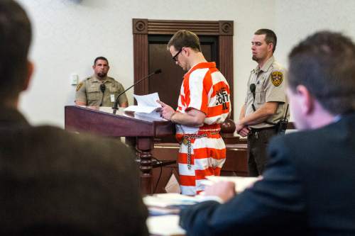 Chris Detrick  |  The Salt Lake Tribune
Logan Welles McFarland listens to Judge Marvin Bagley during his initial hearing in 6th District Court in Manti Wednesday Feb. 11, 2015. McFarland, 27, of Fairview, was charged last May in 6th District Court with two counts of aggravated murder -- a death penalty-eligible offense -- in the December 2011 slayings of 70-year-old Leroy Fullwood and his 69-year-old wife, Dorothy Ann Fullwood.