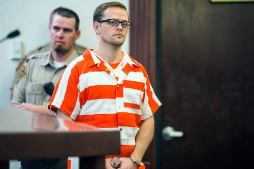 Chris Detrick  |  The Salt Lake Tribune
Logan Welles McFarland enters the courtroom during his initial hearing in 6th District Court in Manti Wednesday Feb. 11, 2015. McFarland, 27, of Fairview, was charged last May in 6th District Court with two counts of aggravated murder -- a death penalty-eligible offense -- in the December 2011 slayings of 70-year-old Leroy Fullwood and his 69-year-old wife, Dorothy Ann Fullwood.