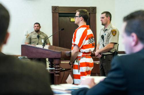 Chris Detrick  |  The Salt Lake Tribune
Logan Welles McFarland listens to Judge Marvin Bagley during his initial hearing in 6th District Court in Manti Wednesday Feb. 11, 2015. McFarland, 27, of Fairview, was charged last May in 6th District Court with two counts of aggravated murder -- a death penalty-eligible offense -- in the December 2011 slayings of 70-year-old Leroy Fullwood and his 69-year-old wife, Dorothy Ann Fullwood.