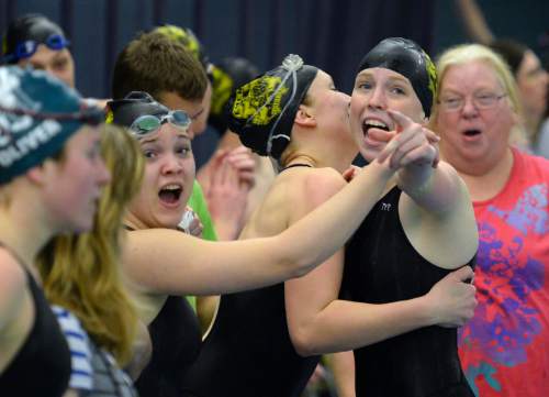 Steve Griffin  |  The Salt Lake Tribune

Members of the Emery High School 200 free relay team celebrate their victory during the 2A state swimming meet at Brigham Young University in Provo, Thursday, February 12, 2015.