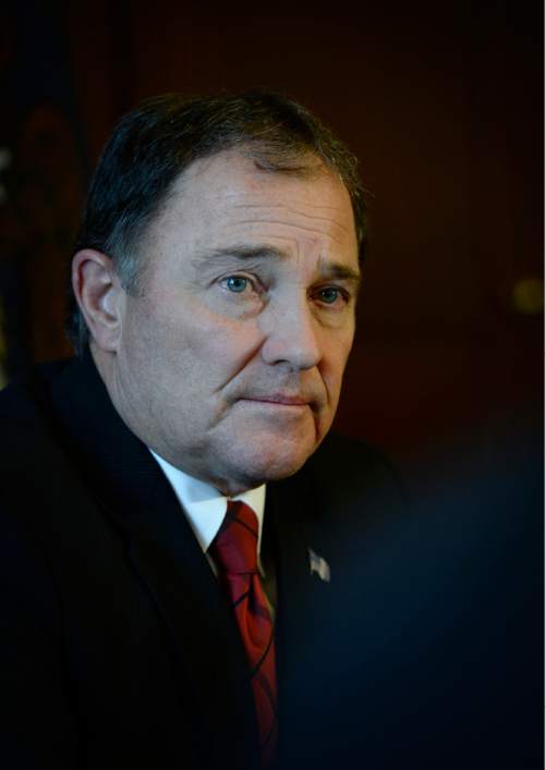 Scott Sommerdorf   |  The Salt Lake Tribune
Utah Governor Gary Herbert answers questions during his daily press conference, Thursday, February 12, 2015. He was asked if he has or would officiate at a same-sex wedding, and he answered that he would probably politely decline.