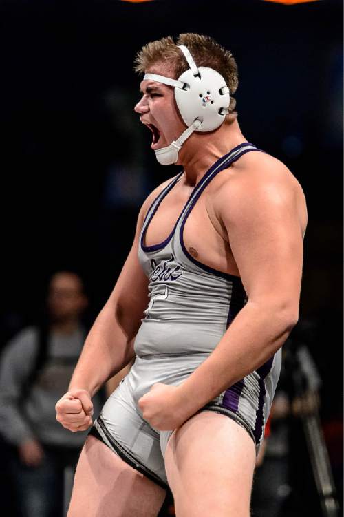 Trent Nelson  |  The Salt Lake Tribune
Brackin Stringam of Lehi celebrates defeating Dalton Mortensen of Granger in the 285 lb. 5A state championship wrestling match at Utah Valley University in Orem, Thursday February 12, 2015.