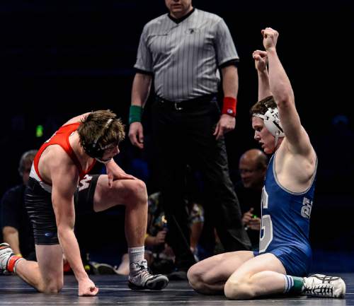 Trent Nelson  |  The Salt Lake Tribune
Josh Anderson of Pleasant Grove, right, celebrates his win over Garrett Hoyt of Weber in the 160 lb. 5A state championship wrestling match at Utah Valley University in Orem, Thursday February 12, 2015.