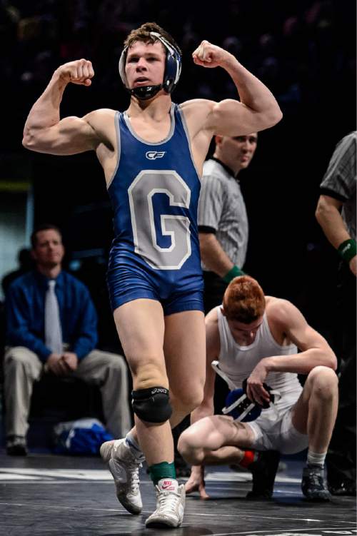 Trent Nelson  |  The Salt Lake Tribune
Benjamin Anderson of Pleasant Grove celebrates his win over Dallin Denton of Fremont in the 132 lb. 5A state championship wrestling match at Utah Valley University in Orem, Thursday February 12, 2015.