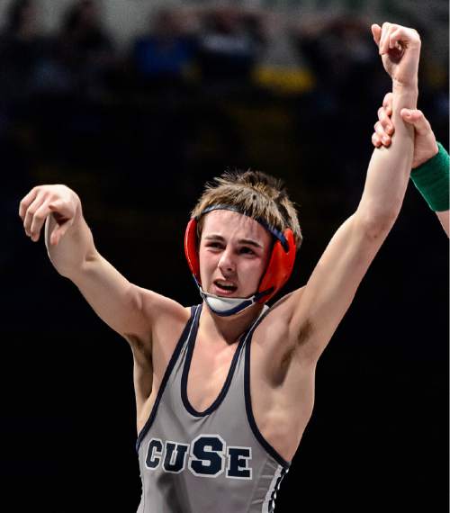 Trent Nelson  |  The Salt Lake Tribune
Bryce Brimhall of Syracuse celebrates victory in the 113 lb. 5A state championship wrestling match at Utah Valley University in Orem, Thursday February 12, 2015.