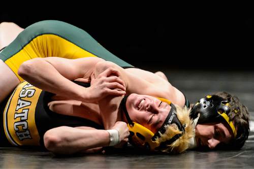 Trent Nelson  |  The Salt Lake Tribune
Brandon Meikel of Kearns, top, defeated Trevor Cluff of Wasatch in the 106 lb. 4A state championship wrestling match at Utah Valley University in Orem, Thursday February 12, 2015.