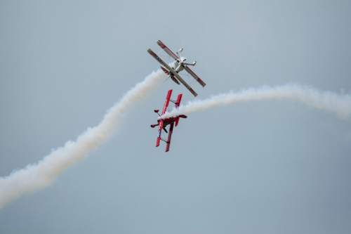 Chris Detrick  |  The Salt Lake Tribune
In this file photo from 2012, the Red Eagles (Pitts & Talon Eagle) perform during the Warriors Over The Wasatch air show at Hill Air Force Base.