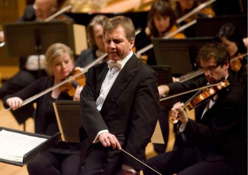 Kim Raff  |  The Salt Lake Tribune
Thierry Fischer conducts the Utah Symphony during a performance at Abravanel Hall in Salt Lake City on February 15, 2012.