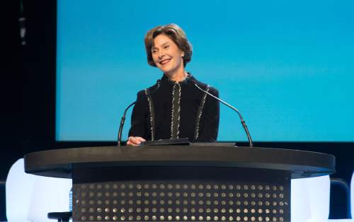 Rick Egan  |  The Salt Lake Tribune

Former First Lady Laura Bush speaks at the RootsTech conference at the Salt Palace, Friday, Feb. 13, 2015.