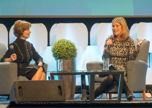 Rick Egan  |  The Salt Lake Tribune

Former First Lady Laura Bush and her daughter, Jenna Bush Hager, have a chat at the RootsTech conference at the Salt Palace, Friday, Feb. 13, 2015