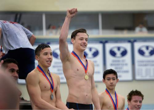 Scott Sommerdorf   |  The Salt Lake Tribune
Park City's Vincent Hess clebrates his win on the Boy's 100 yard breaststroke event at the 3A Utah State Swimming Championships, Saturday, February 14, 2015.