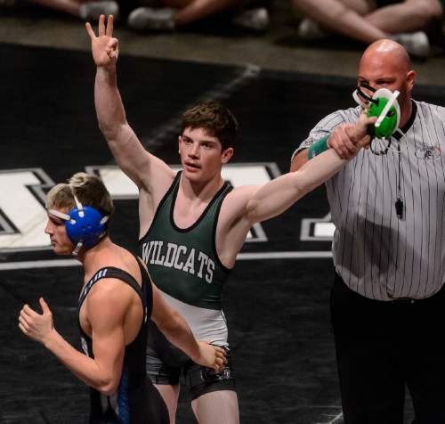 Trent Nelson  |  The Salt Lake Tribune
Matt Lee, South Summit, celebrates his win over Kenyon Green, Beaver, in the 2A, 126lb championship match at the state wrestling championships in Orem, Saturday February 14, 2015.