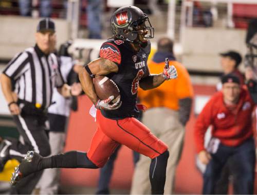 Rick Egan  |  The Salt Lake Tribune

Utah Utes wide receiver Kaelin Clay (8) runs for the end zone on a long pass play, but dropped the ball before he reached the end zone, resulting in an a 99-yard Oregon touchdown, in PAC-12 action, Utah vs. Oregon game, at Rice-Eccles Stadium, Saturday, November 8, 2014
