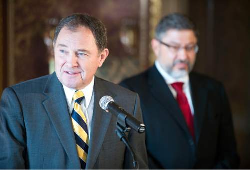 Lennie Mahler  |  The Salt Lake Tribune
Gov. Gary Herbert speaks to the media during a press conference announcing  nomination of Judge Constandinos Himonas, right, to the Utah Supreme Court, Thursday, Dec. 18, 2014, at the Utah State Capitol.