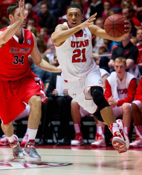 Trent Nelson  |  The Salt Lake Tribune
UtahÌs Jordan Loveridge (21) drives with Ball StateÌs Tyler Koch (34) defending as the University of Utah hosts Ball State, NCAA basketball Wednesday November 27, 2013 at the Huntsman Center in Salt Lake City.