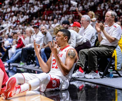 Trent Nelson  |  The Salt Lake Tribune
Utah Utes forward Jordan Loveridge (21) celebrates a three-pointer from the floor, as the University of Utah Utes host the Washington State Cougars, college basketball at the Huntsman Center in Salt Lake City, Wednesday January 21, 2015.