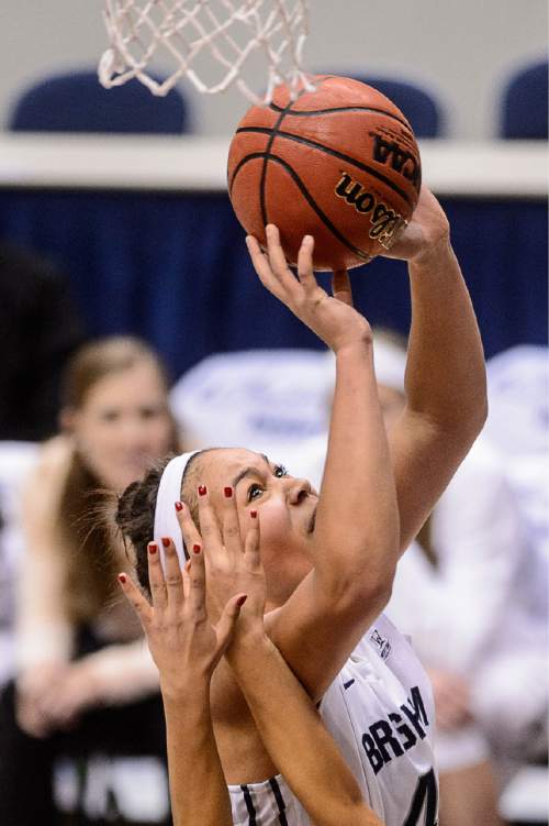 Trent Nelson  |  The Salt Lake Tribune
Brigham Young Cougars forward Morgan Bailey (41) puts up a shot over San Francisco Lady Dons guard Zhane Dikes (1) as BYU hosts San Francisco, NCAA women's basketball at the Marriott Center in Provo, Saturday January 3, 2015. At left is San Francisco Lady Dons forward Paige Spietz (3).