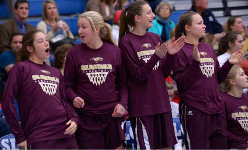 Leah Hogsten  |  The Salt Lake Tribune
Maple Mountain celebrates the win. Maple Mountain High School girls basketball team defeated Bonneville High School 55-44 during the 4A State Championships first round game, Tuesday, February 17, 2015 at Salt Lake Community College's Lifetime Activities Center .