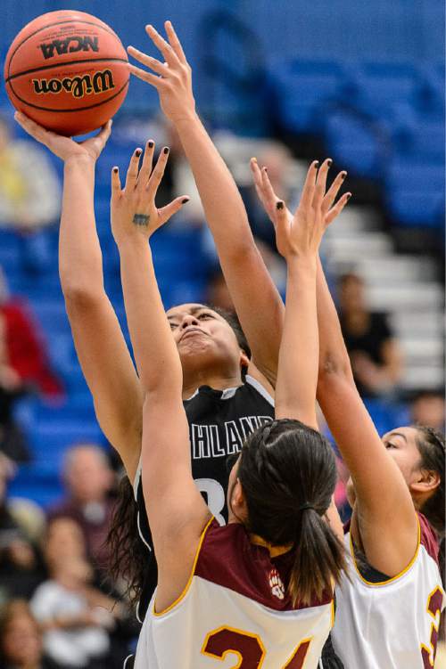 Trent Nelson  |  The Salt Lake Tribune
Highland's Fifita Tonga (31) puts up a shot as Mountain View faces Highland in the 4A state basketball tournament at Salt Lake Community College in Taylorsville, Tuesday February 17, 2015. Mountain View wins 54-49.