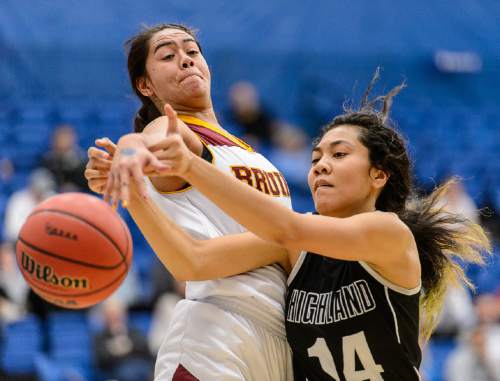 Trent Nelson  |  The Salt Lake Tribune
Mountain View's Ariana Kailiponi (33) and Highland's Lea Havili (14) reach for a loose ball as Mountain View faces Highland in the 4A state basketball tournament at Salt Lake Community College in Taylorsville, Tuesday February 17, 2015. Mountain View wins 54-49.