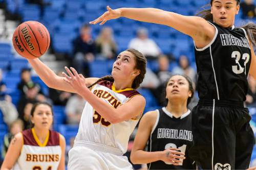 Trent Nelson  |  The Salt Lake Tribune
Mountain View's Tahlia White (35) puts up a shot under Highland's Lana Olevao (33), as Mountain View faces Highland in the 4A state basketball tournament at Salt Lake Community College in Taylorsville, Tuesday February 17, 2015.