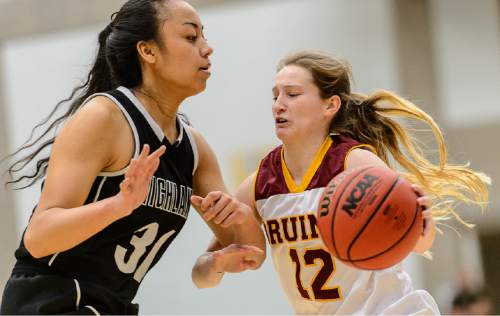Trent Nelson  |  The Salt Lake Tribune
Mountain View's Tiffany Peterson (12), defended by Highland's Fifita Tonga (31), as Mountain View faces Highland in the 4A state basketball tournament at Salt Lake Community College in Taylorsville, Tuesday February 17, 2015.