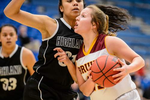 Trent Nelson  |  The Salt Lake Tribune
Mountain View's Amber Hirchak (21), defended by Highland's Fifita Tonga (31), as Mountain View faces Highland in the 4A state basketball tournament at Salt Lake Community College in Taylorsville, Tuesday February 17, 2015.