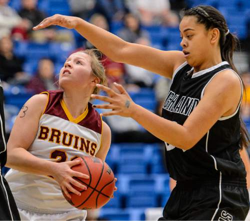 Trent Nelson  |  The Salt Lake Tribune
Highland's Lana Olevao (33) steals the ball from Mountain View's Amber Hirchak (21), as Mountain View faces Highland in the 4A state basketball tournament at Salt Lake Community College in Taylorsville, Tuesday February 17, 2015. At left is Highland's Jasmine Hansgen (21).