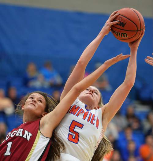 Steve Griffin  |  The Salt Lake Tribune

Timpview's Lyndie Haddock (5) shoots grabs a rebound over Logan's Veronica Sullivan during opening round of the girl's 4A basketball state tournament at SLCC in Taylorsville, Tuesday, February 17, 2015.