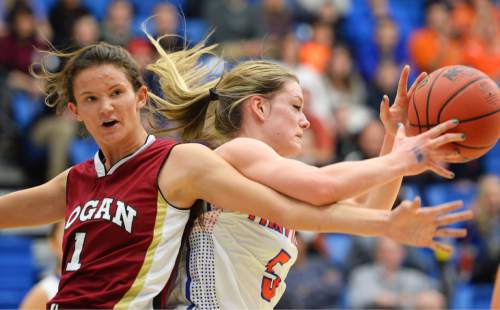 Steve Griffin  |  The Salt Lake Tribune

Timpview's Lyndie Haddock (5) battles Logan's Veronica Sullivan during opening round of the girl's 4A basketball state tournament at SLCC in Taylorsville, Tuesday, February 17, 2015.
