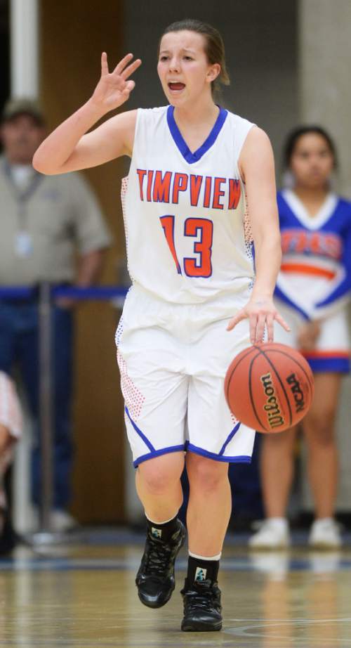 Steve Griffin  |  The Salt Lake Tribune

Timpview's Haylee Harrison (13) calls a play during game against Logan during the opening round of the girl's 4A basketball state tournament at SLCC in Taylorsville, Tuesday, February 17, 2015.